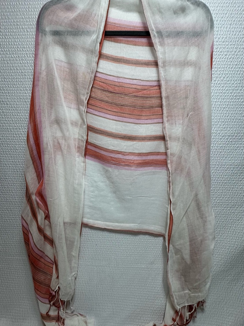 Lightweight Striped scarf Wrap in white and Coral Tones pink